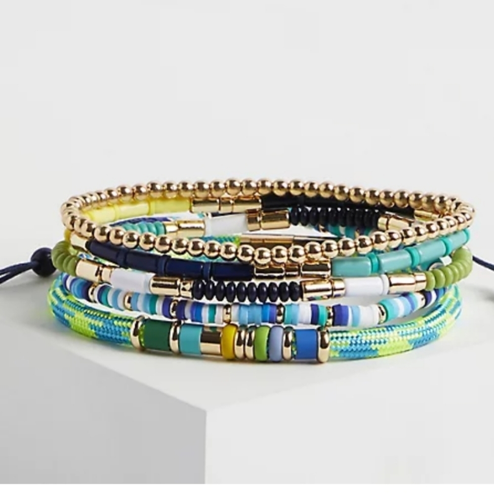 🆕️💚💙 LIME GREEN & NAVY CORD & BEADED BRACELET SET OF 5💙💚